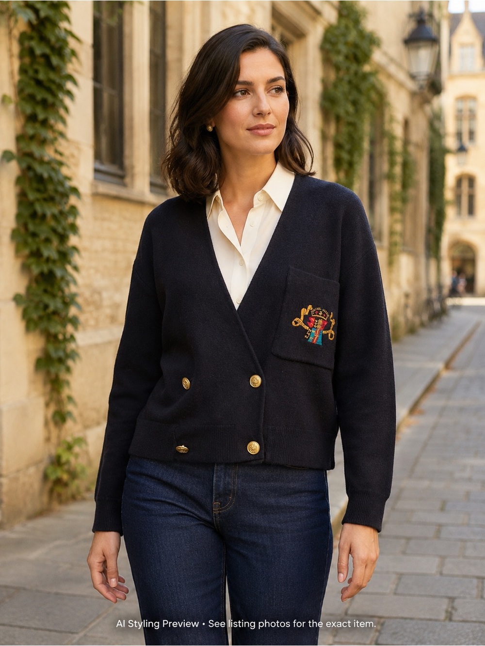 Vintage Jones New York Crest Cardigan Navy Gold Button Preppy Lambswool M